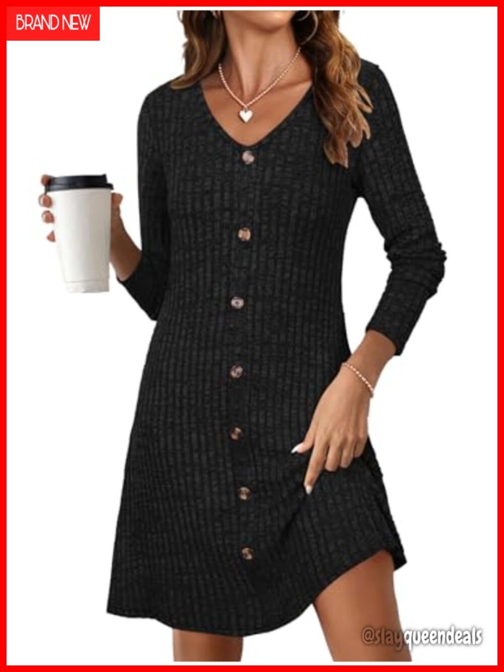Long Sleeve V-Neck Ribbed Knit Sweater Dress Knee Length Casual